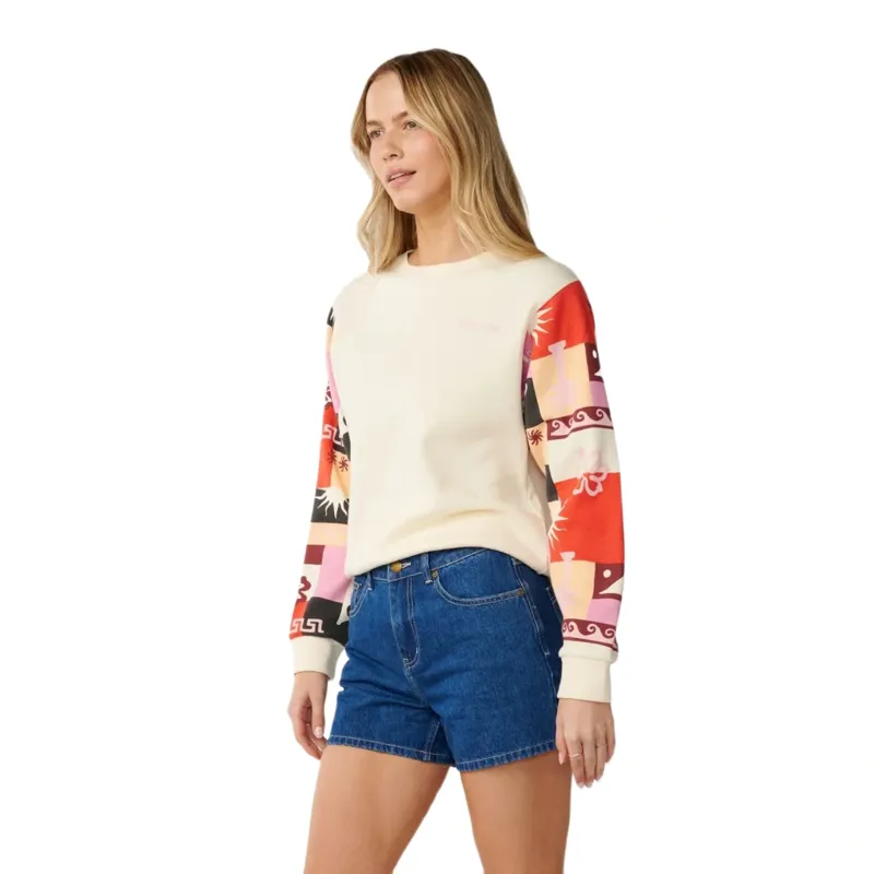 Rip Curl Womens Party Wave Crew Printed Sleeve Sweatshirt in Off White-1