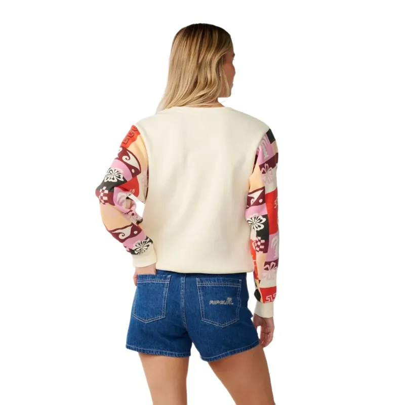 Rip Curl Womens Party Wave Crew Printed Sleeve Sweatshirt in Off White-2