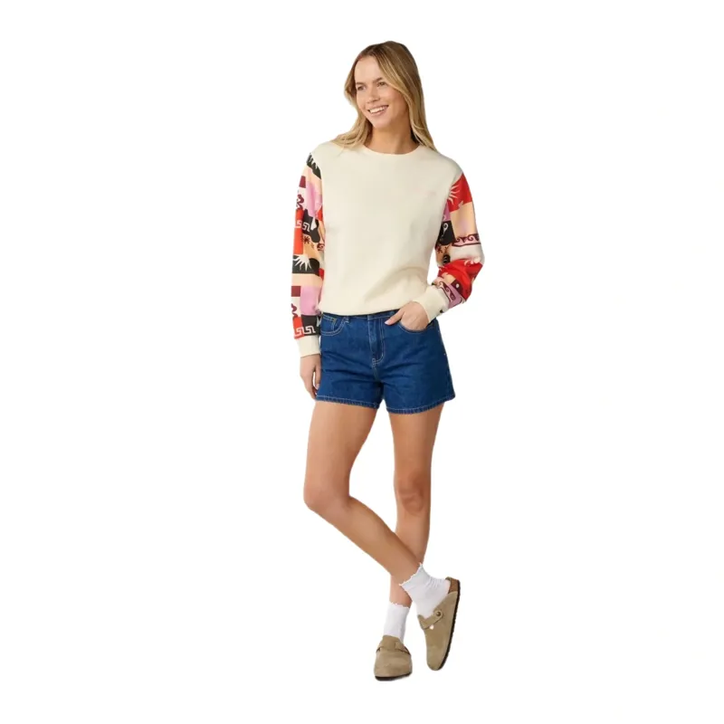 Rip Curl Womens Party Wave Crew Printed Sleeve Sweatshirt in Off White-3