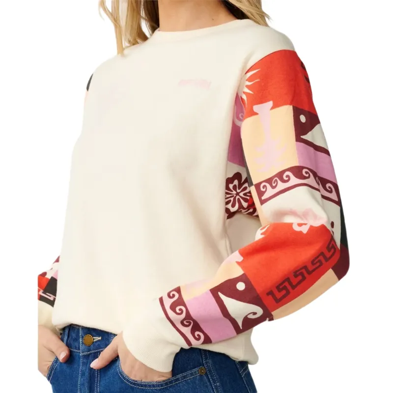 Rip Curl Womens Party Wave Crew Printed Sleeve Sweatshirt in Off White-5