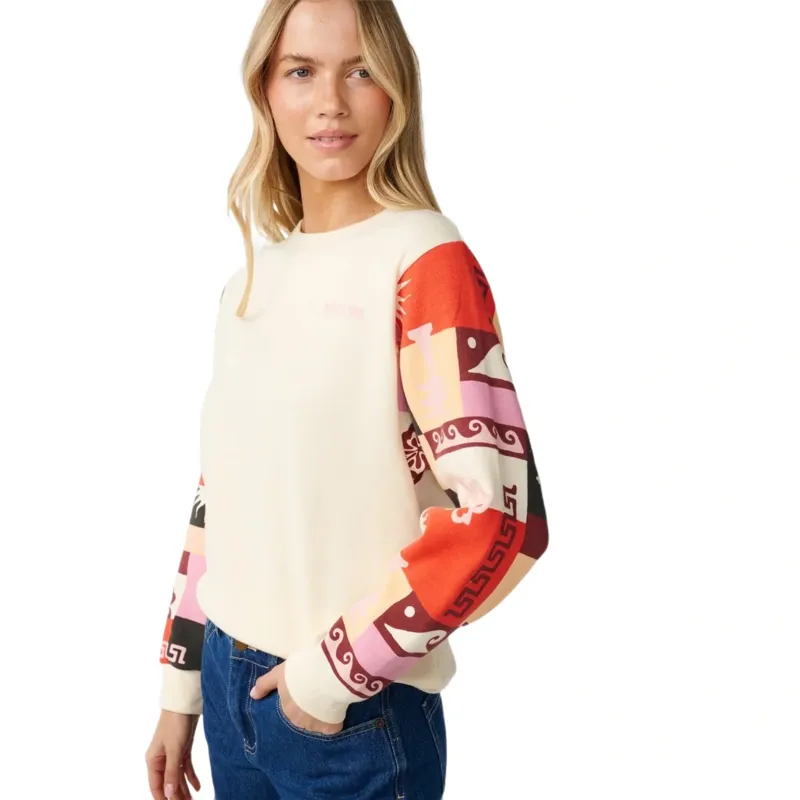 Rip Curl Womens Party Wave Crew Printed Sleeve Sweatshirt in Off White-4