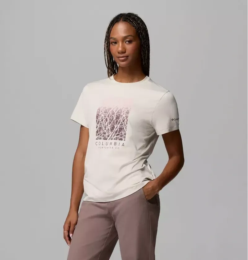 Columbia Women's Parsons Point SS Graphic Tee in Dark Stone Heather / Treescape-4