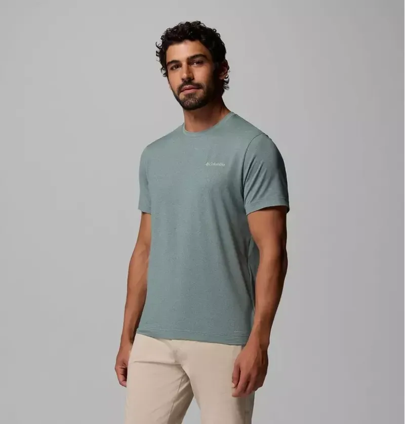 Columbia Mens Parsons Point SS Back Graphic Tee in Sedona Sage Heather / Blocky Banner Button-3