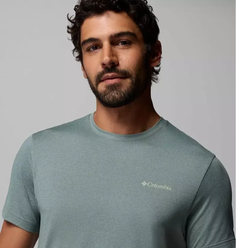 Columbia Mens Parsons Point SS Back Graphic Tee in Sedona Sage Heather / Blocky Banner Button-4