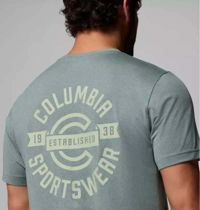 Columbia Mens Parsons Point SS Back Graphic Tee in Sedona Sage Heather / Blocky Banner Button-5