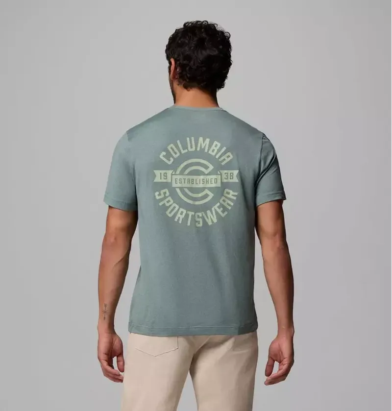 Columbia Mens Parsons Point SS Back Graphic Tee in Sedona Sage Heather / Blocky Banner Button-2