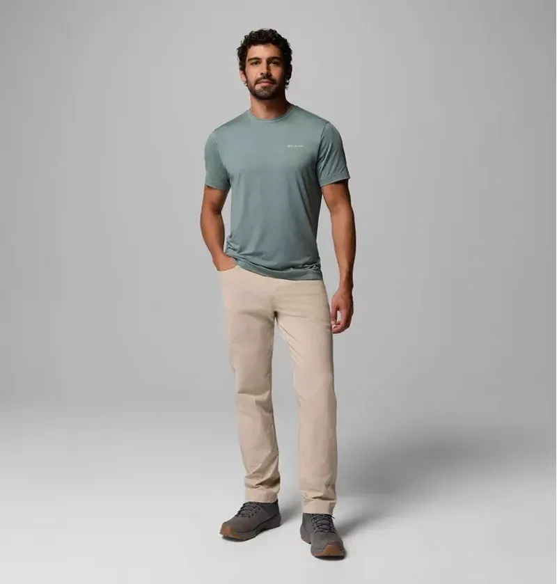 Columbia Mens Parsons Point SS Back Graphic Tee in Sedona Sage Heather / Blocky Banner Button-1