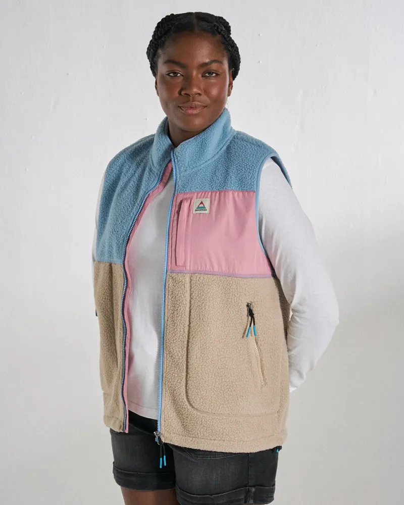 Passenger Womens Home Full Zip Recycled Sherpa Gilet in Faded Denim / Simply Taupe-1