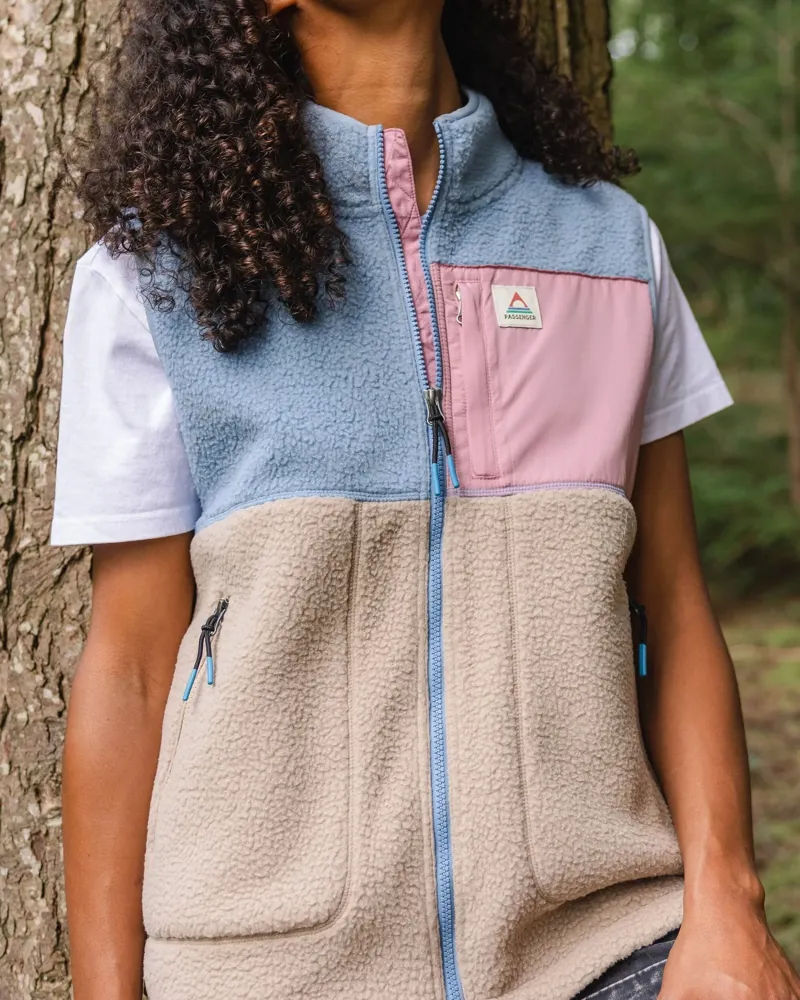 Passenger Womens Home Full Zip Recycled Sherpa Gilet in Faded Denim / Simply Taupe-6