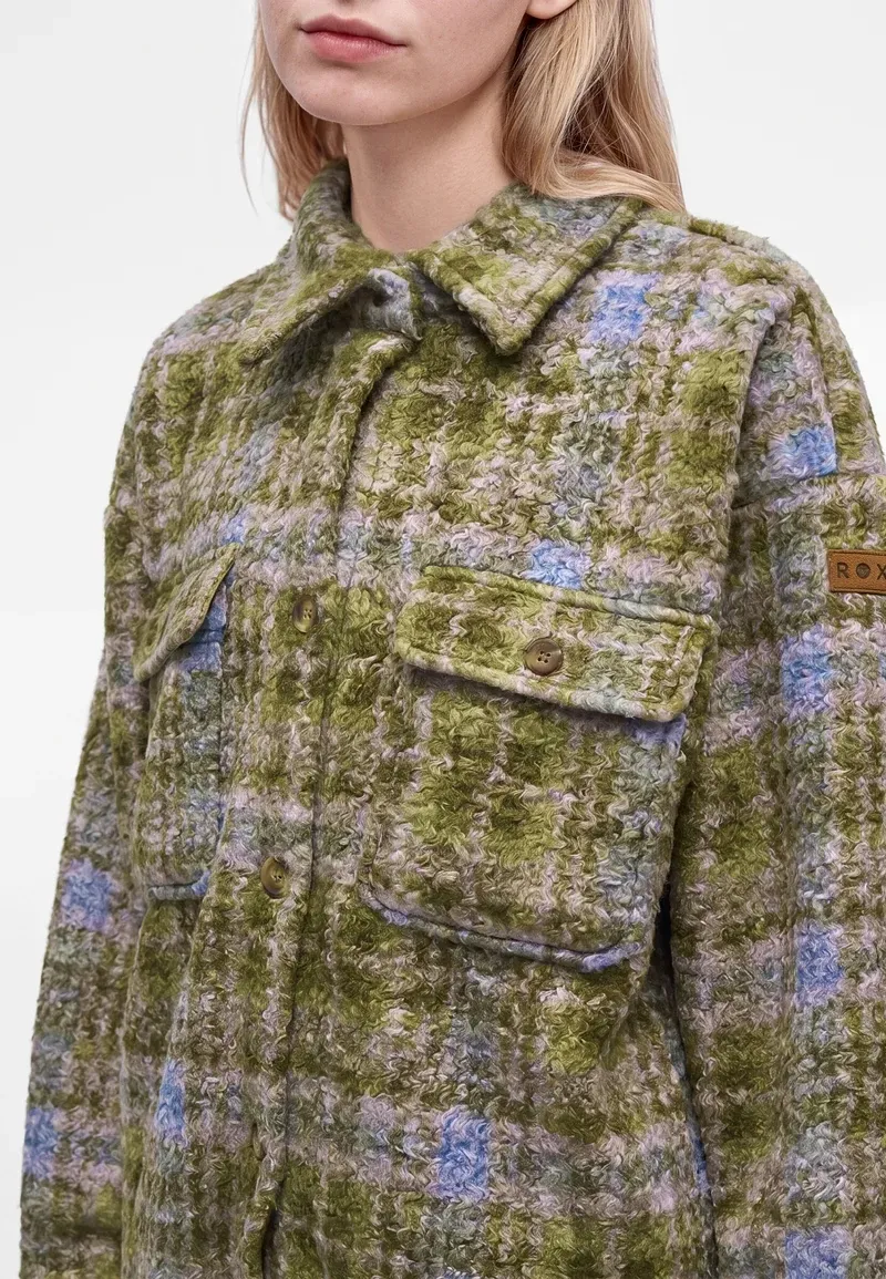Roxy Womens Over And Above Fleece Jacket in Oil Green Tartan Plaid-6