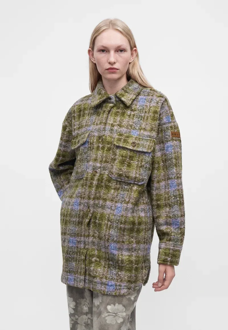 Roxy Womens Over And Above Fleece Jacket in Oil Green Tartan Plaid-3