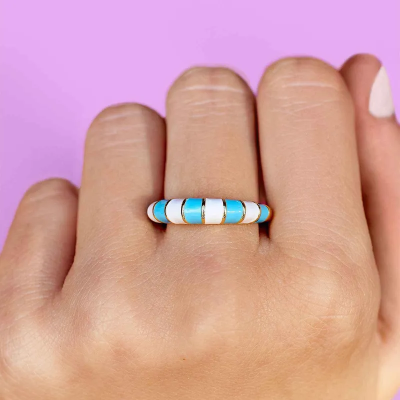 Pura Vida Striped Enamel Gold Ring in Blue/White-2