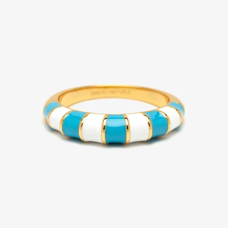 Pura Vida Striped Enamel Gold Ring in Blue/White