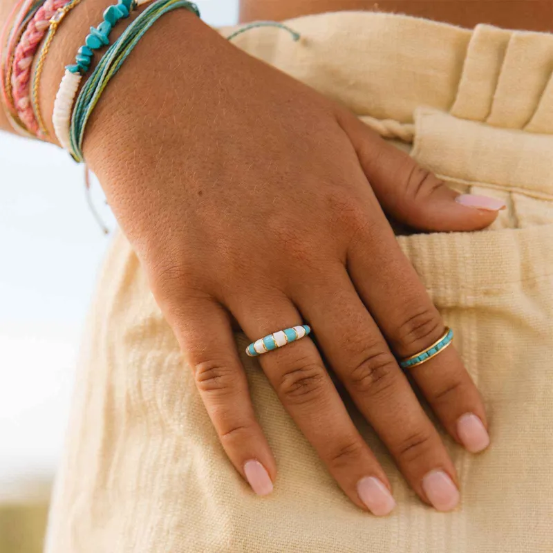 Pura Vida Striped Enamel Gold Ring in Blue/White-4