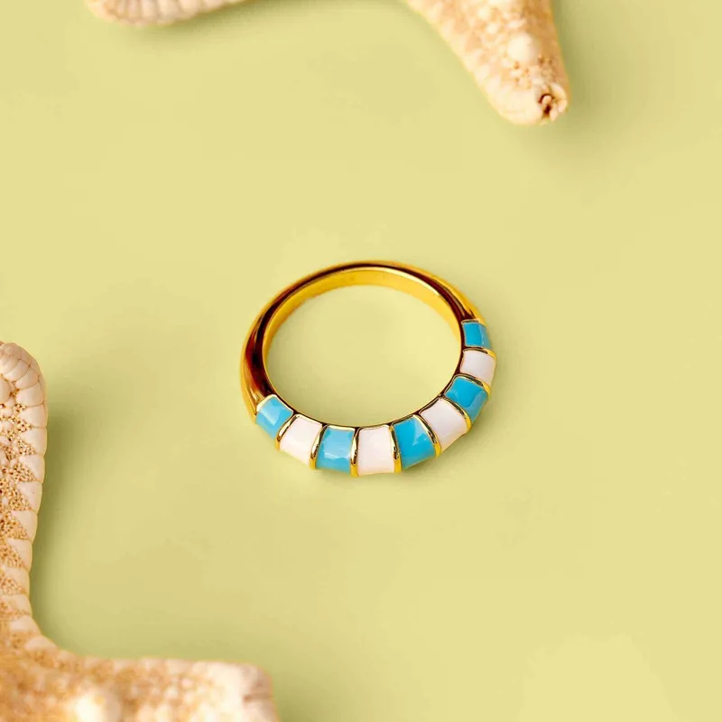 Pura Vida Striped Enamel Gold Ring in Blue/White-1