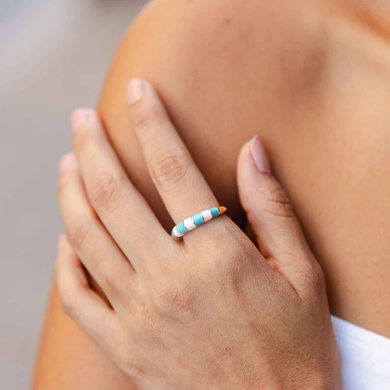 Pura Vida Striped Enamel Gold Ring in Blue/White-3