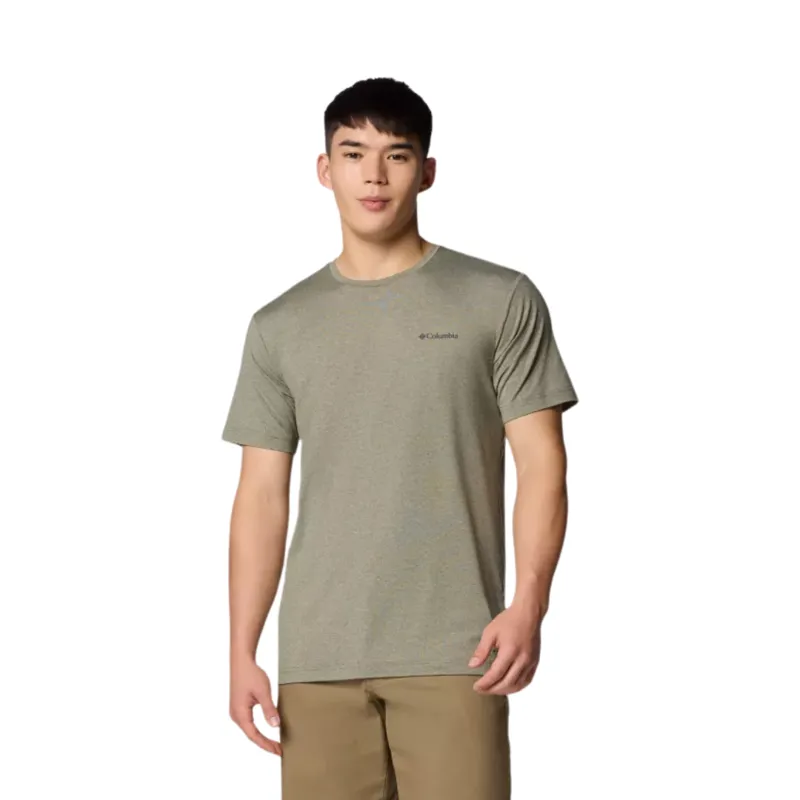 Columbia Mens Kwick Hike Back Graphic S/S Tee in Stone Green Linear View