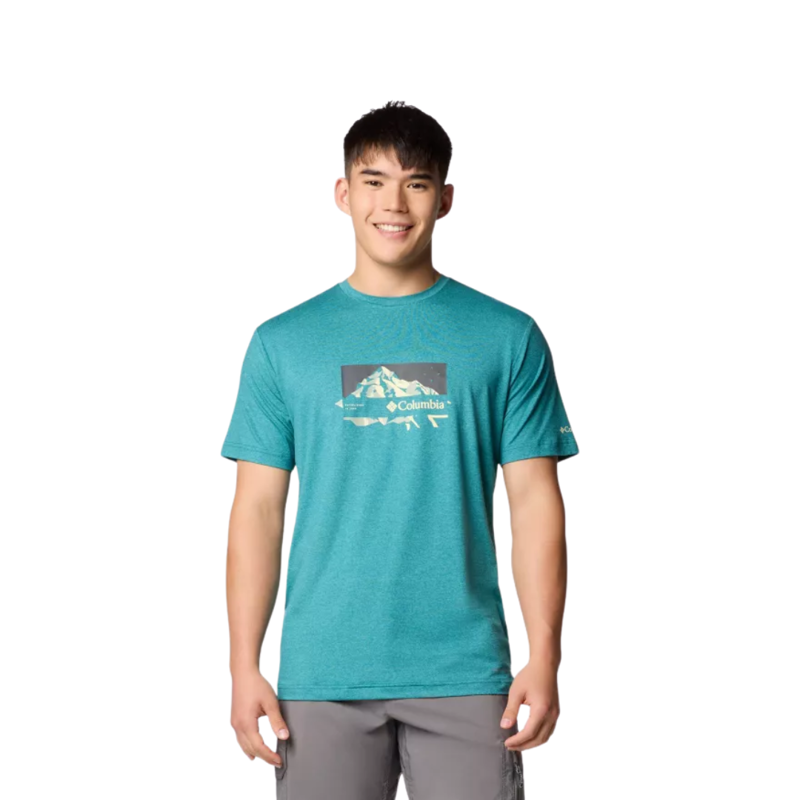 Columbia Mens Kwick Hike Graphic S/S Tee in River Blue Peaked Direction