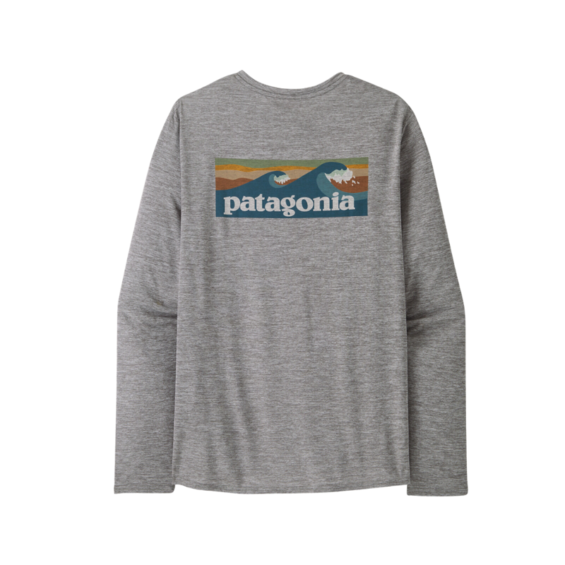 Patagonia Mens Longsleeve Cap Cool Daily Graphic Shirt Waters in Boardshort Logo Abalone Blue / Feather Grey-1