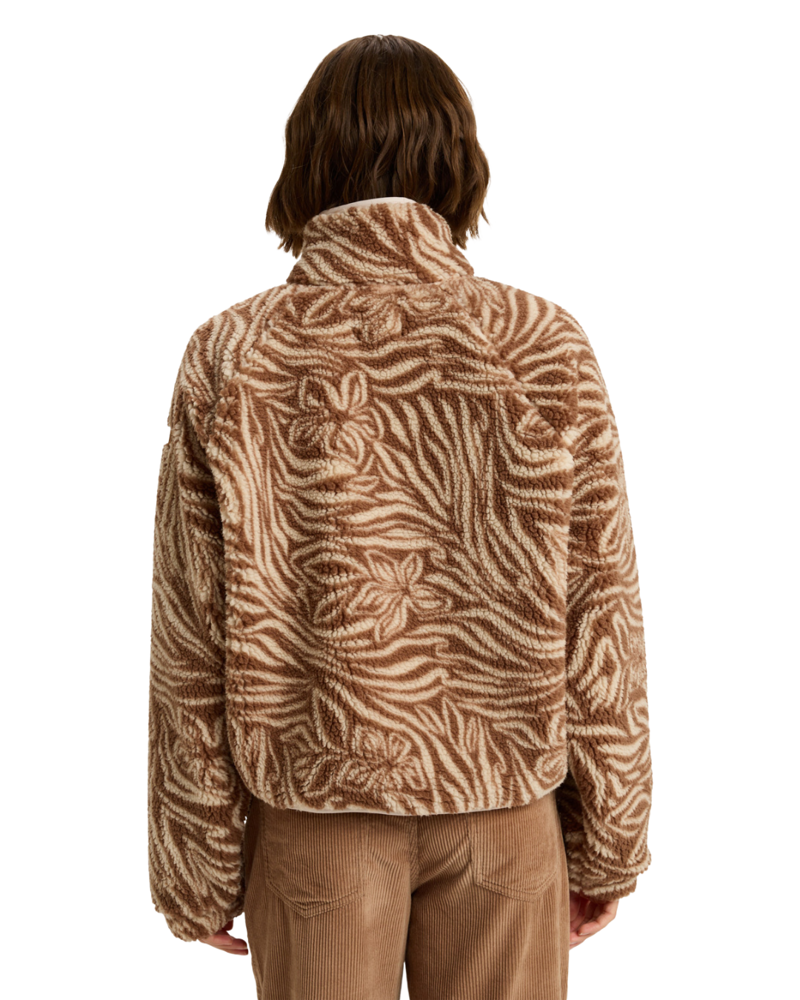 Roxy Womens Blurry Cloud Print Full Zip Relaxed Polar in Parchment Animal Floral Big-1