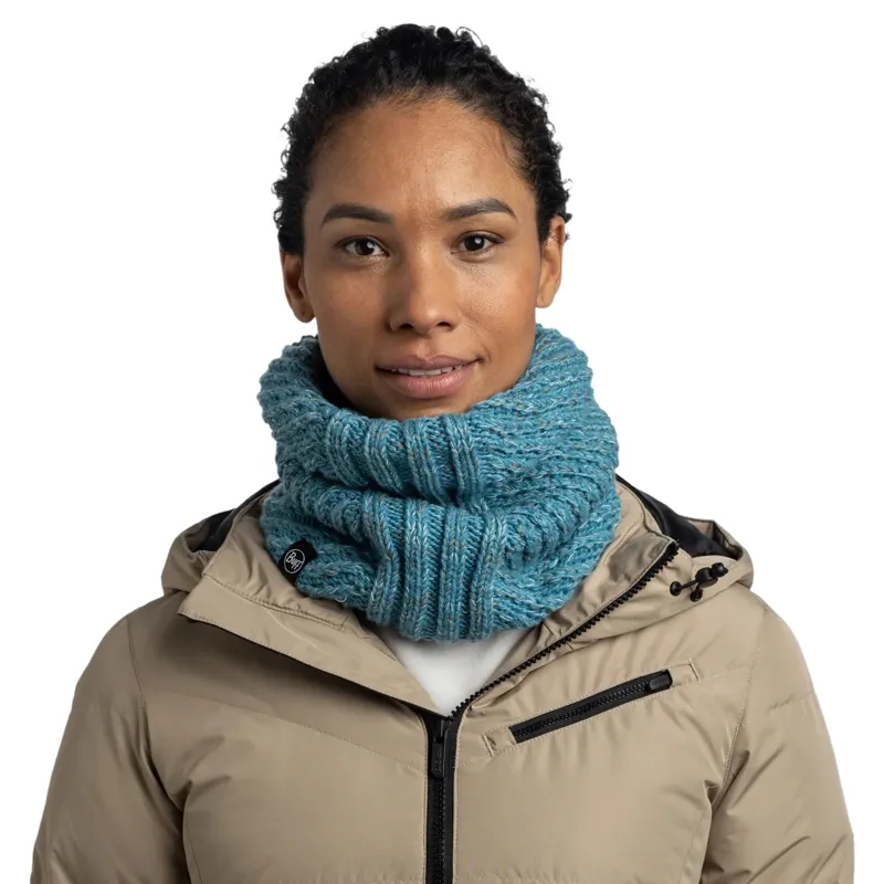 Buff Akna Knitted and Fleece Neck Warmer in Tourmaline-2