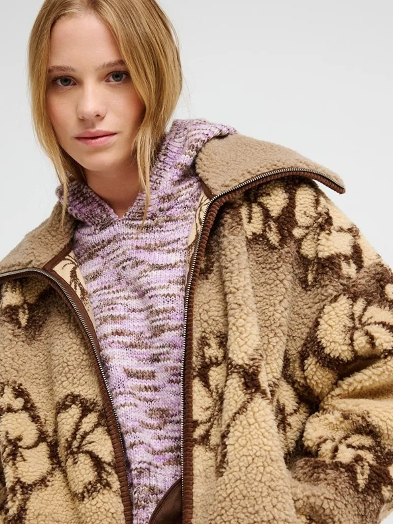 Roxy Womens Feels Like Winter Zip Jacket in Peeble Hibi Sherpa-3