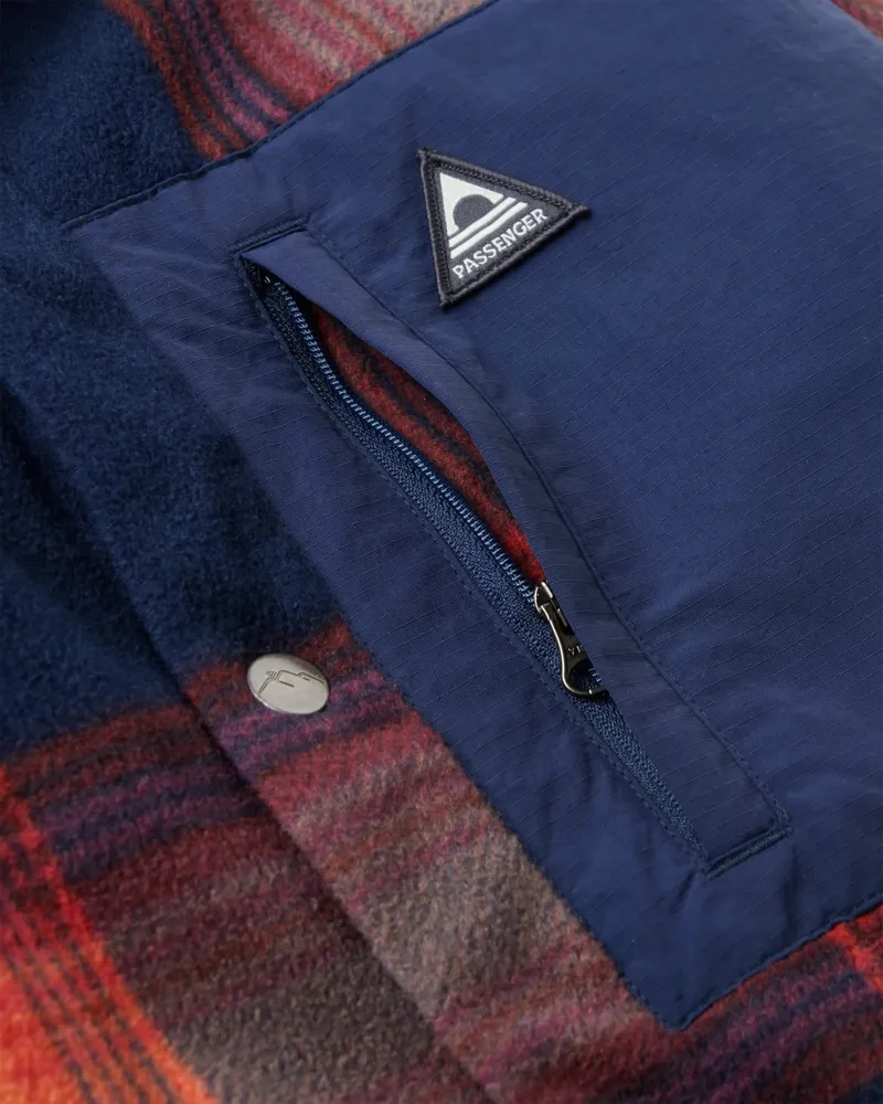 Passenger Mens West Recycled Polar Fleece Shirt in Rich Navy / Red Ochre Check-4