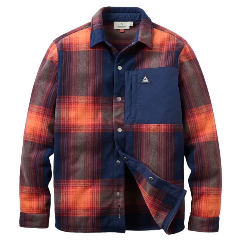 Passenger Mens West Recycled Polar Fleece Shirt in Rich Navy / Red Ochre Check
