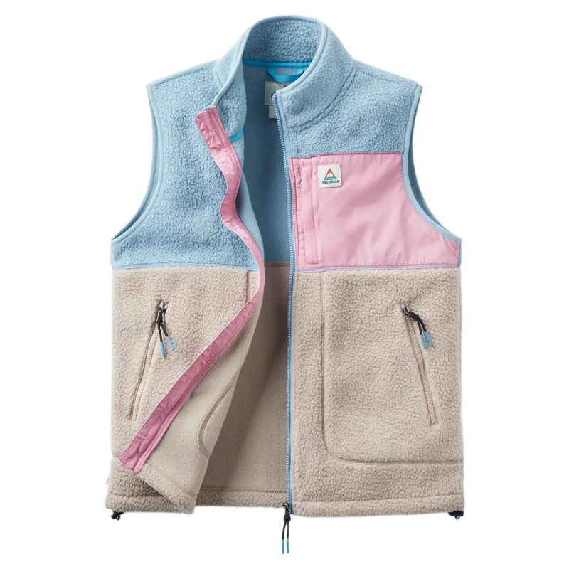 Passenger Womens Home Full Zip Recycled Sherpa Gilet in Faded Denim / Simply Taupe