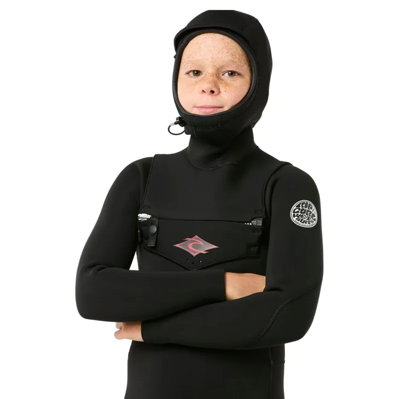 Rip Curl Kids Dawn Patrol Chest Zip Hooded 5/4 Fullsuit Wetsuit in Black-5