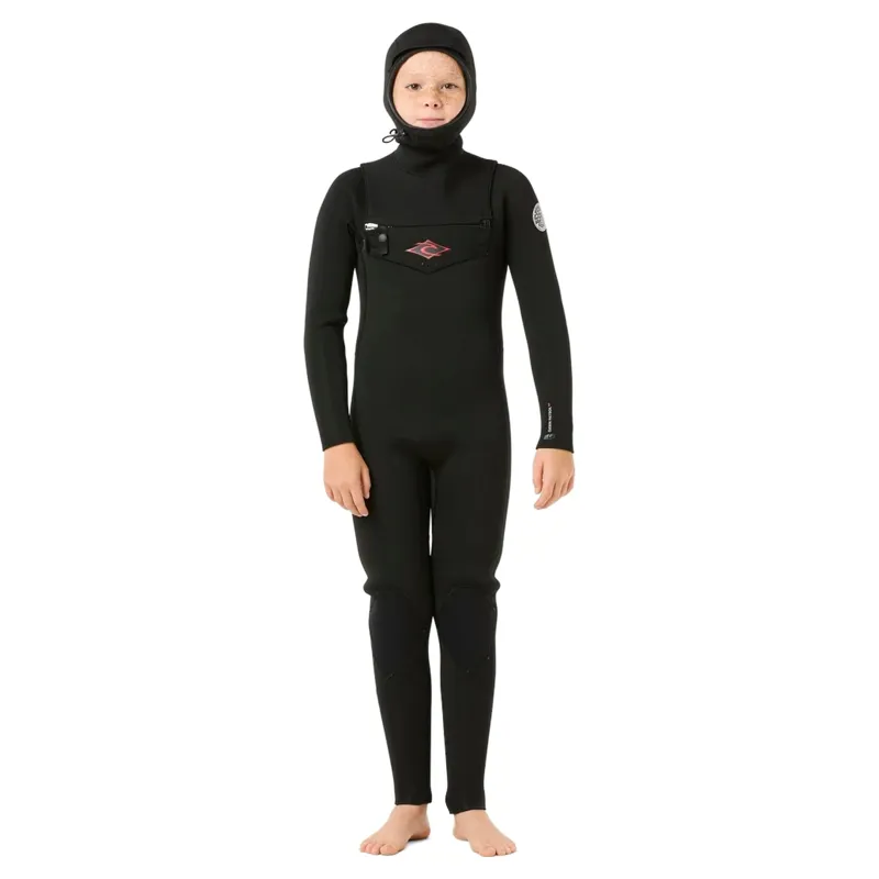 Rip Curl Kids Dawn Patrol Chest Zip Hooded 5/4 Fullsuit Wetsuit in Black