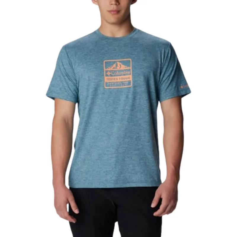 Columbia Mens Kwick Hike Graphic Short Sleeve Tee in Cloudburst Heather / Tested Tough PDX