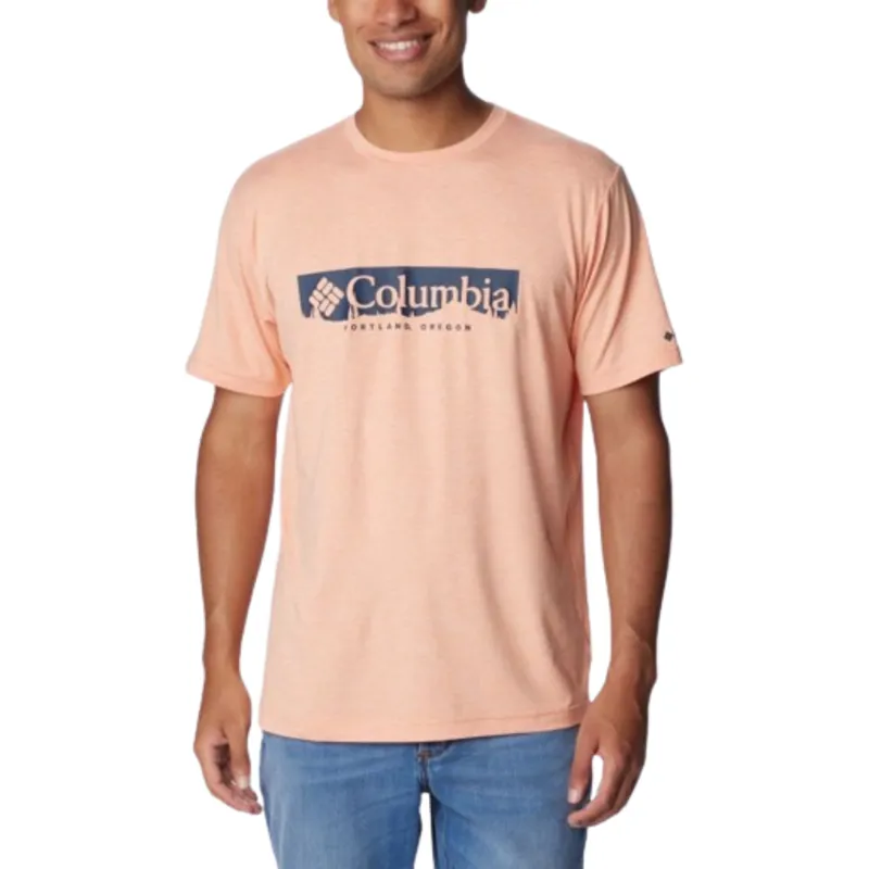 Columbia Mens Kwick Hike Graphic Short Sleeve Tee in Apricot Fizz Heather / CSC Box Treeline